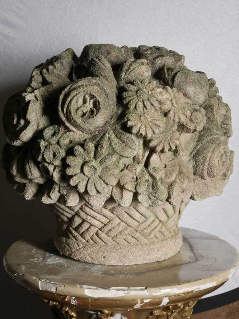 Gray carved stone garden ornaments