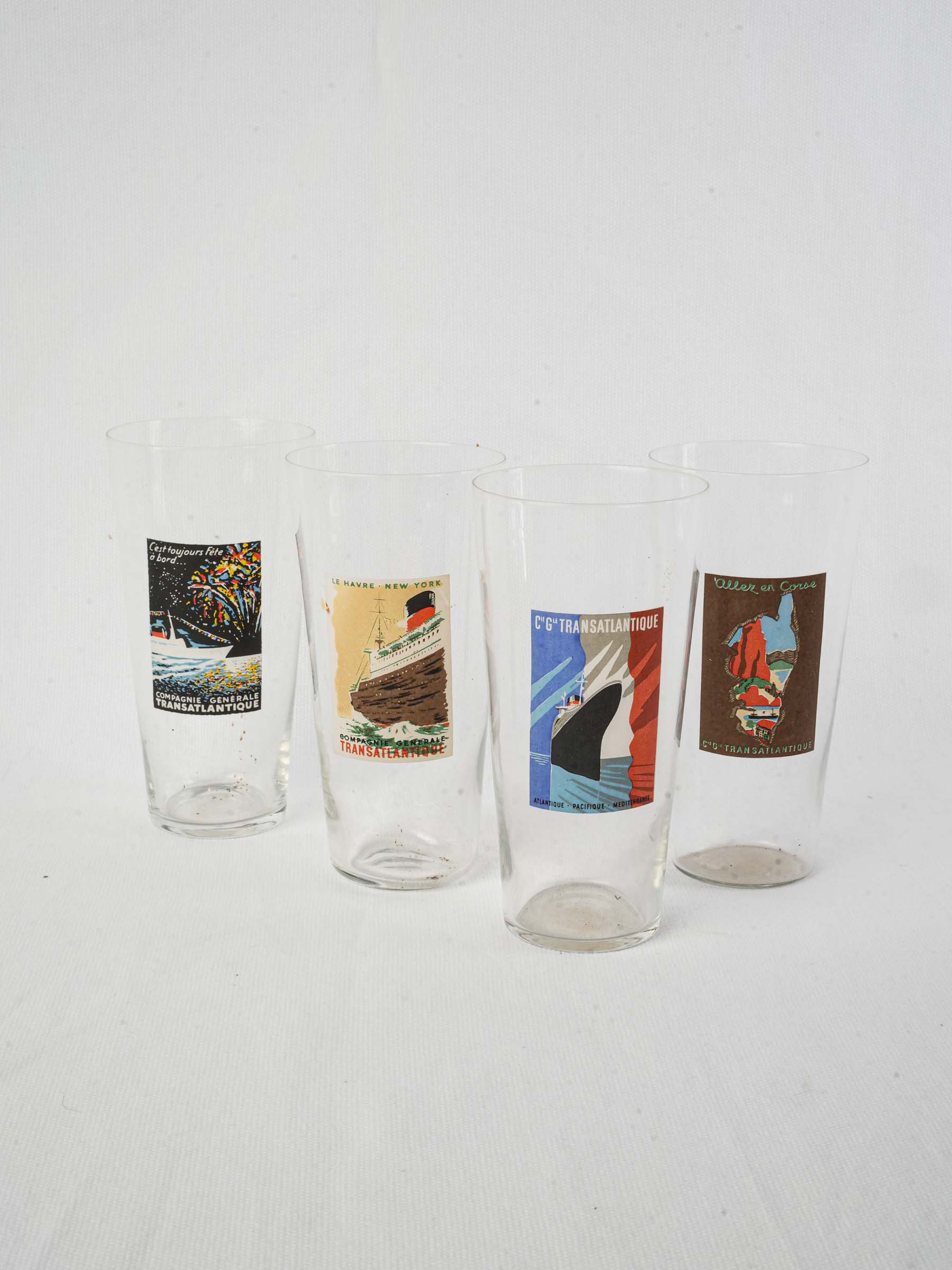 Set of Four Compagnie Générale Transatlantique Advertising Glasses - 6"