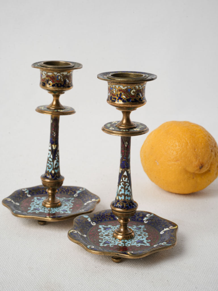 Refined French cloisonné enamel candlesticks  