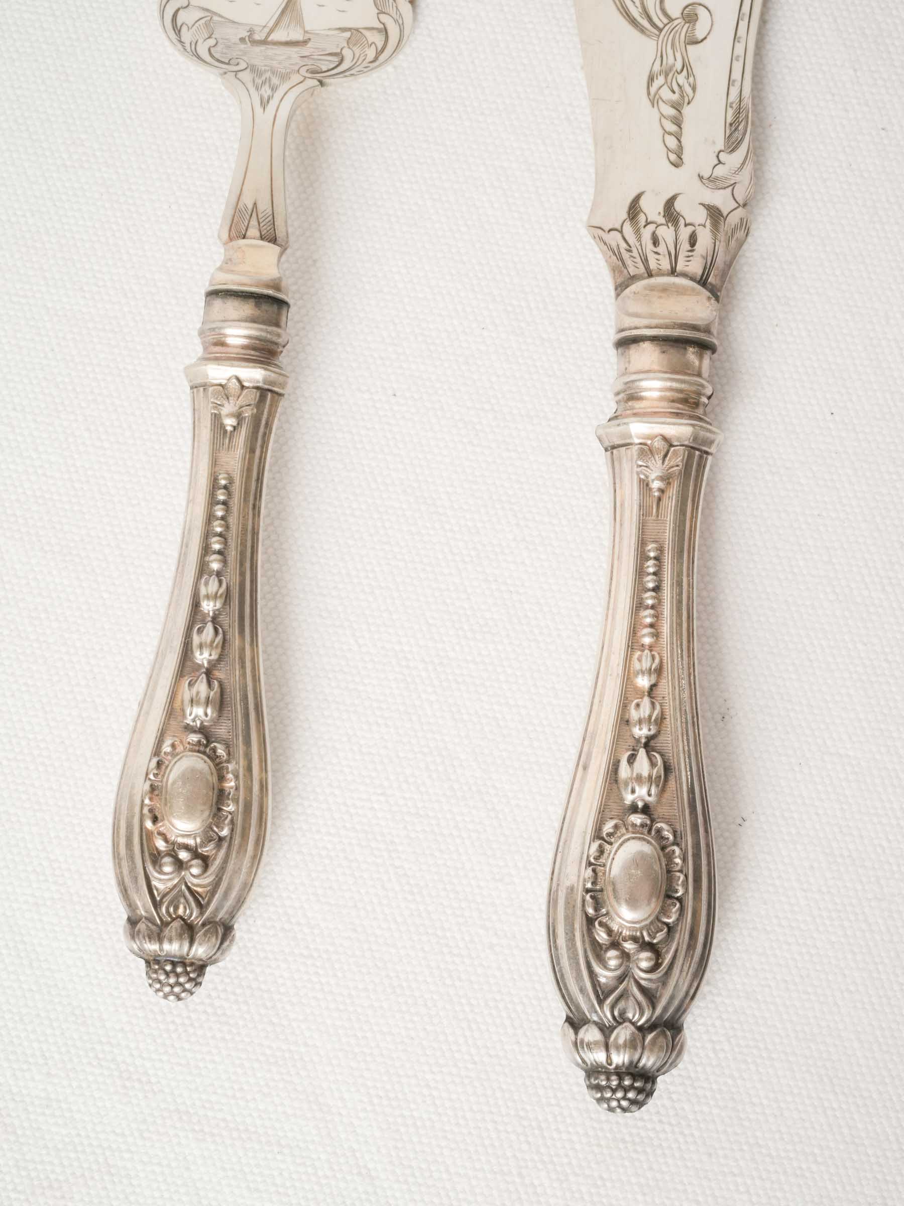 Antique French Silverplate Fish Serving Set with Maritime Engraving