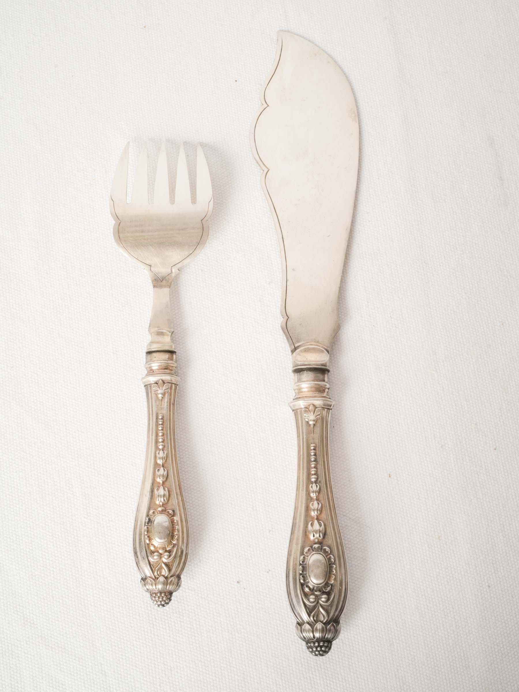 Antique French Silverplate Fish Serving Set with Maritime Engraving