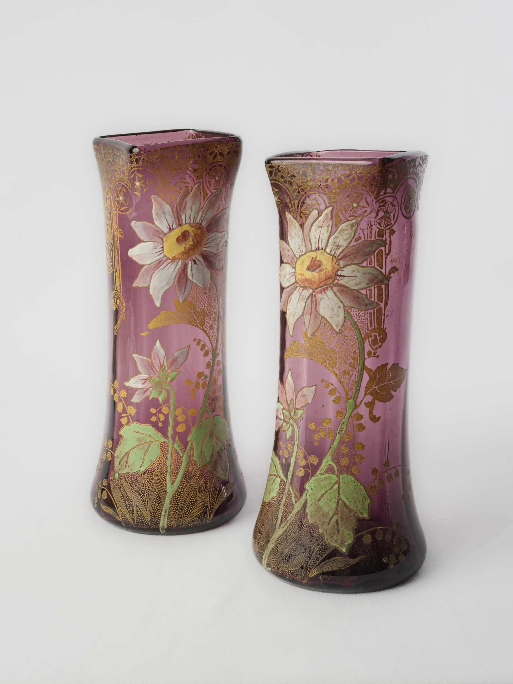 Pair of Beautiful Art Nouveau Enameled Glass Vases - 11"
