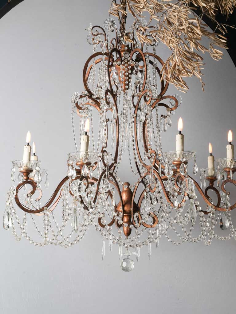 Gorgeous Pair of Early 20th-Century Italian Eight-Light Gilt-Metal and Crystal Chandeliers - 39½" x 36½"