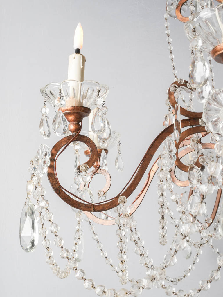 Gorgeous Pair of Early 20th-Century Italian Eight-Light Gilt-Metal and Crystal Chandeliers - 39½" x 36½"