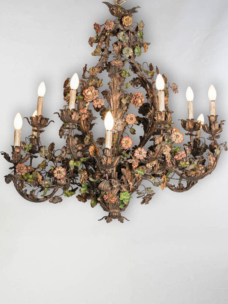 Lavish 19th Century Italian Rococo Floral Chandelier in Gilt and Painted Iron - 12 Lights - 51¼"
