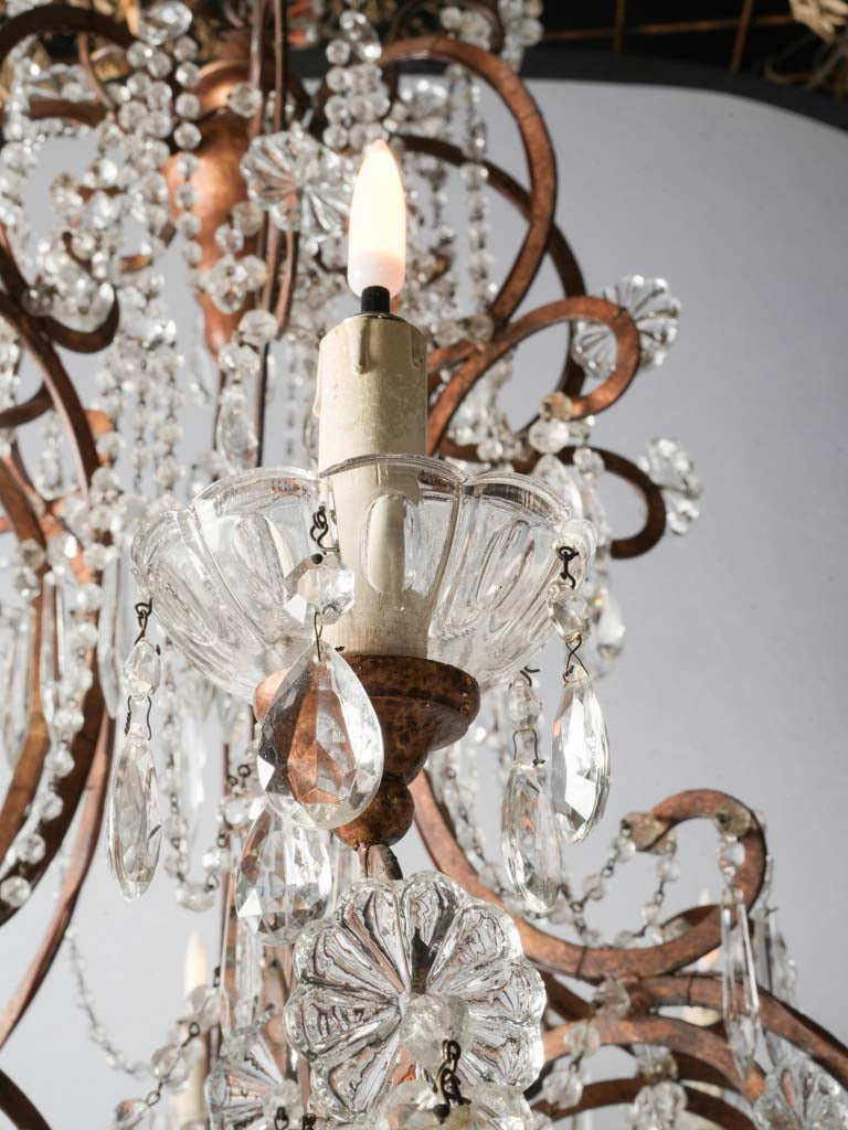 Gorgeous Pair of Early 20th-Century Italian Eight-Light Gilt-Metal and Crystal Chandeliers - 39½" x 36½"