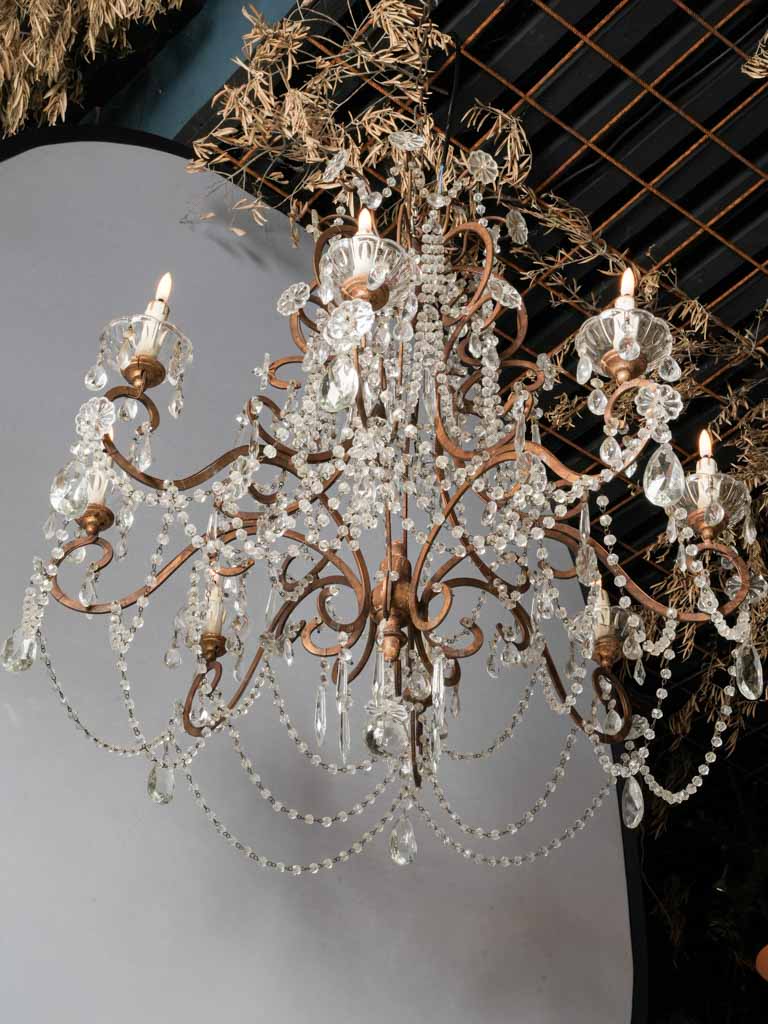 Gorgeous Pair of Early 20th-Century Italian Eight-Light Gilt-Metal and Crystal Chandeliers - 39½" x 36½"