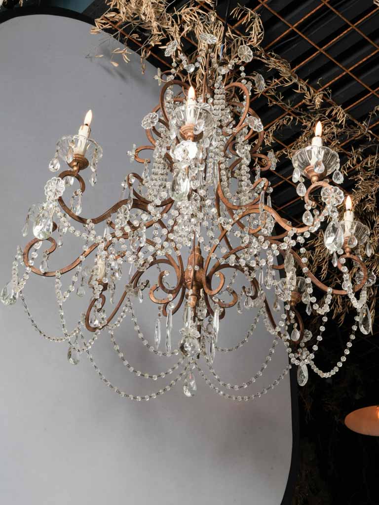 Gorgeous Pair of Early 20th-Century Italian Eight-Light Gilt-Metal and Crystal Chandeliers - 39½" x 36½"