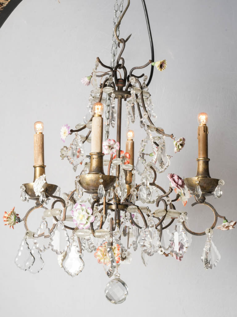 Early 20th-Century French Rococo Revival Four-Light Chandelier w/ Porcelain Flowers - 24½" x 23¼"