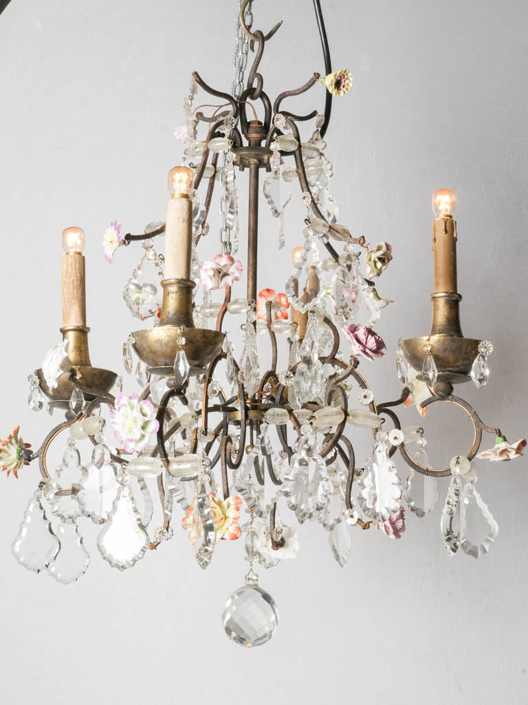 Early 20th-Century French Rococo Revival Four-Light Chandelier w/ Porcelain Flowers - 24½" x 23¼"