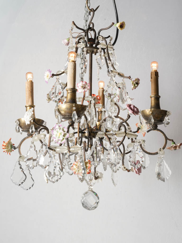 Early 20th-Century French Rococo Revival Four-Light Chandelier w/ Porcelain Flowers - 24½" x 23¼"