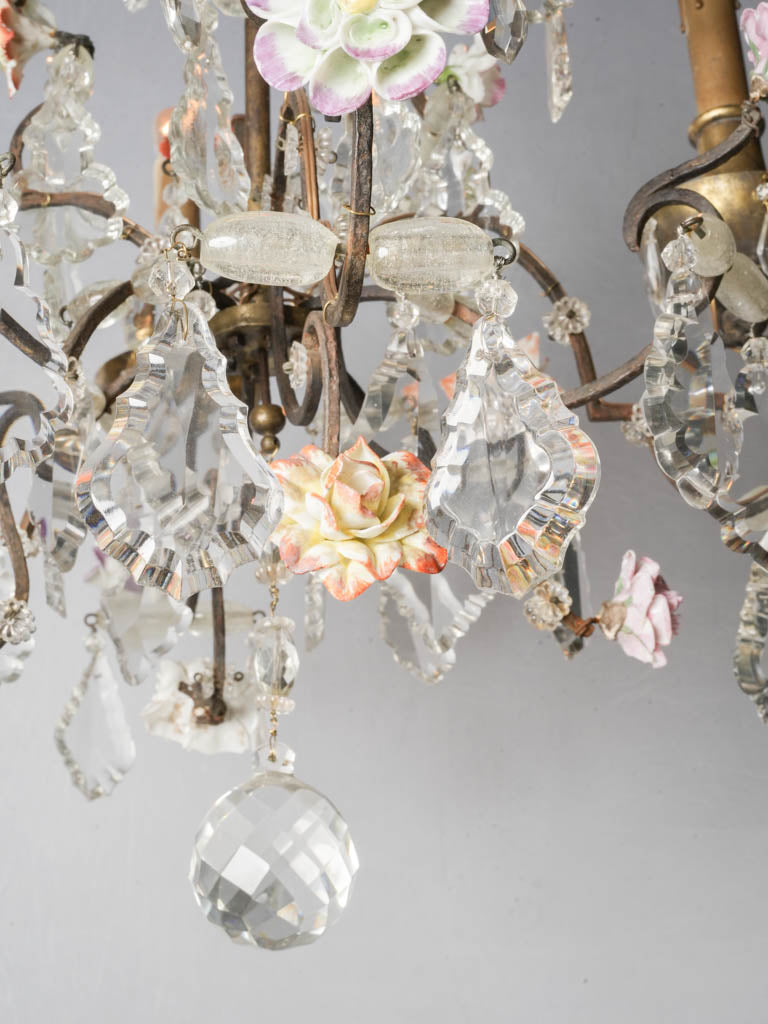 Early 20th-Century French Rococo Revival Four-Light Chandelier w/ Porcelain Flowers - 24½" x 23¼"