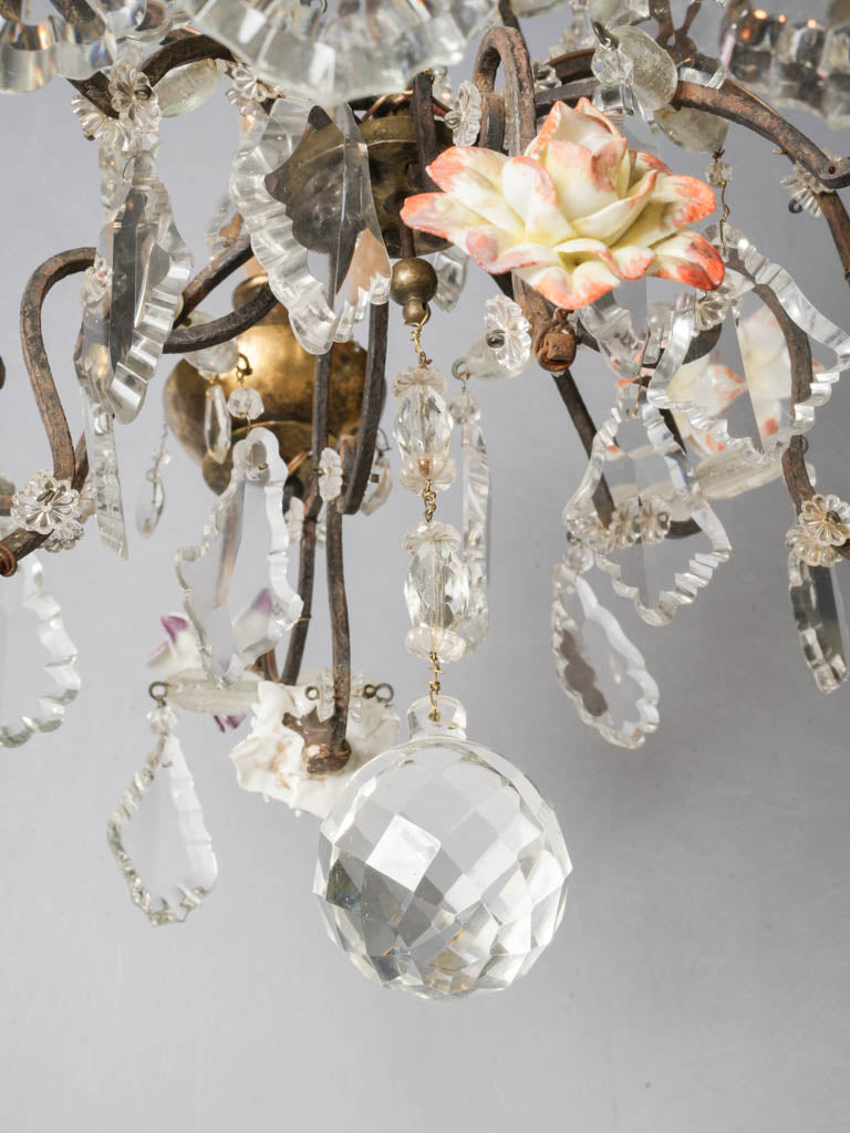 Early 20th-Century French Rococo Revival Four-Light Chandelier w/ Porcelain Flowers - 24½" x 23¼"