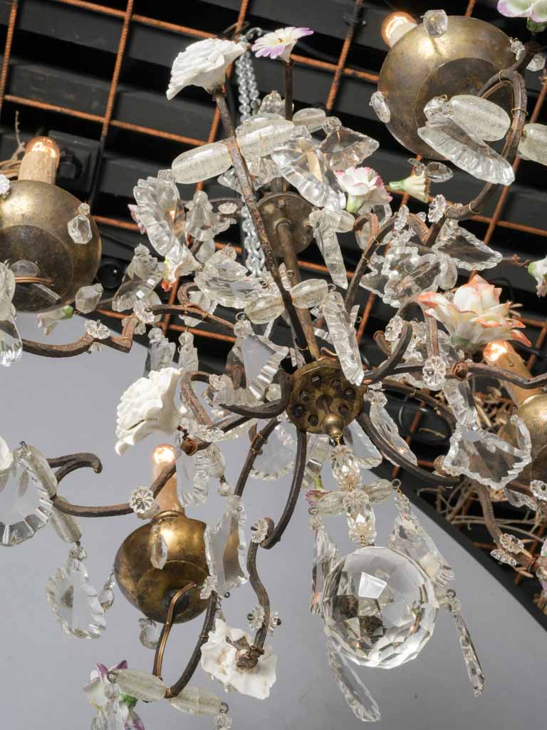 Early 20th-Century French Rococo Revival Four-Light Chandelier w/ Porcelain Flowers - 24½" x 23¼"