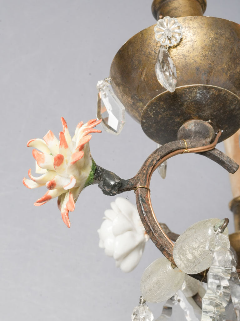 Early 20th-Century French Rococo Revival Four-Light Chandelier w/ Porcelain Flowers - 24½" x 23¼"