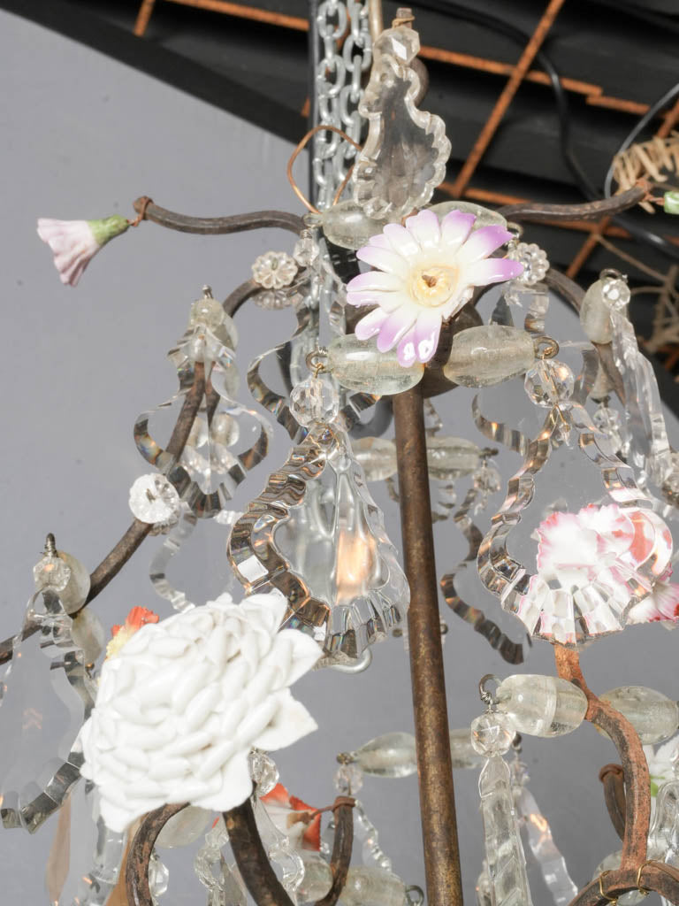 Early 20th-Century French Rococo Revival Four-Light Chandelier w/ Porcelain Flowers - 24½" x 23¼"