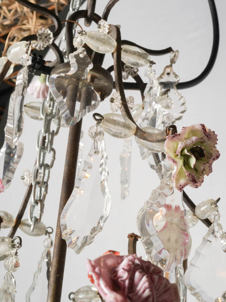 Early 20th-Century French Rococo Revival Four-Light Chandelier w/ Porcelain Flowers - 24½" x 23¼"