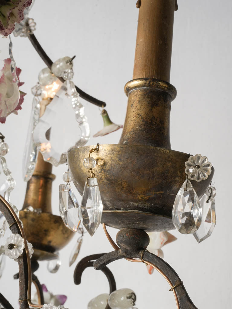 Early 20th-Century French Rococo Revival Four-Light Chandelier w/ Porcelain Flowers - 24½" x 23¼"