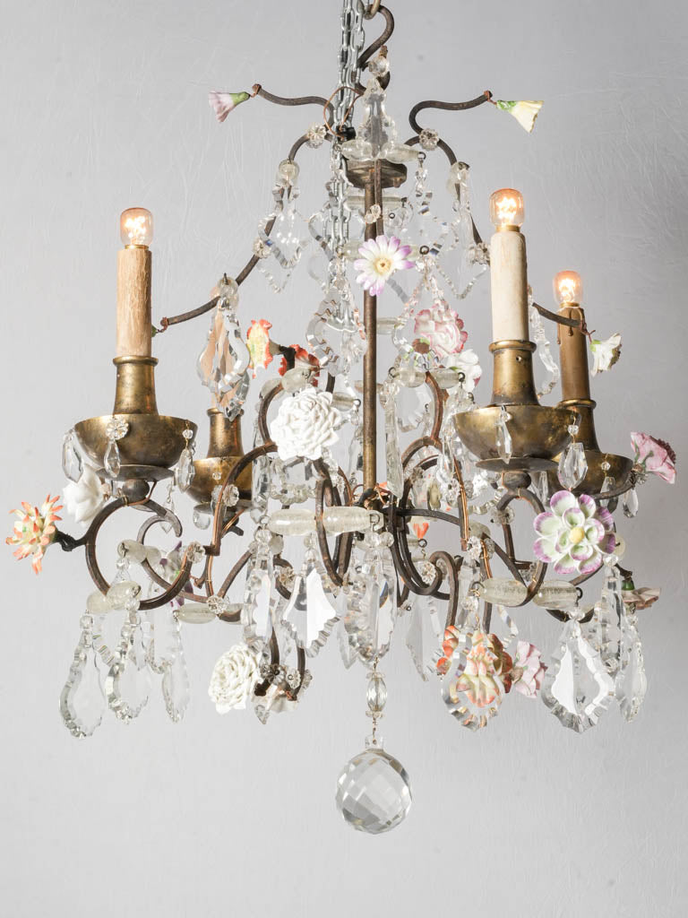 Early 20th-Century French Rococo Revival Four-Light Chandelier w/ Porcelain Flowers - 24½" x 23¼"