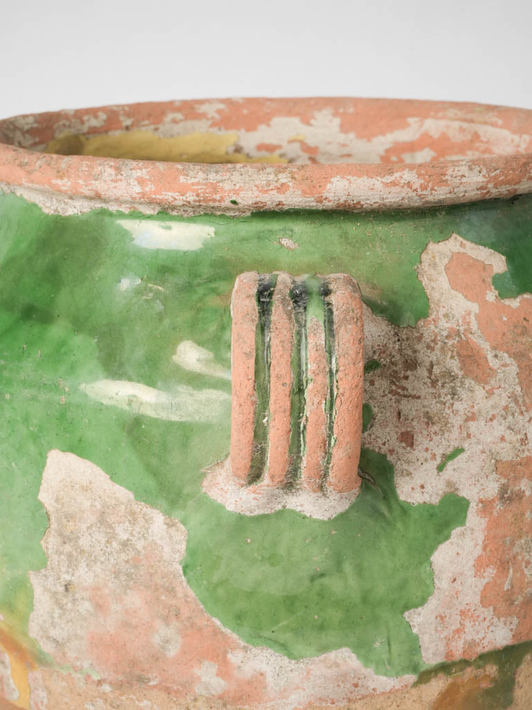 Unique, crackled, green glazed confit pot