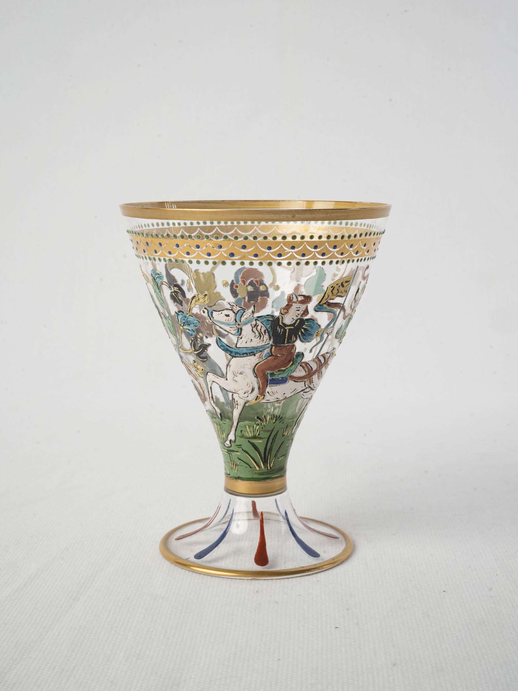 19th-Century Enameled Glass Goblet w/ Knight Decoration in the Renaissance Style - 5½"