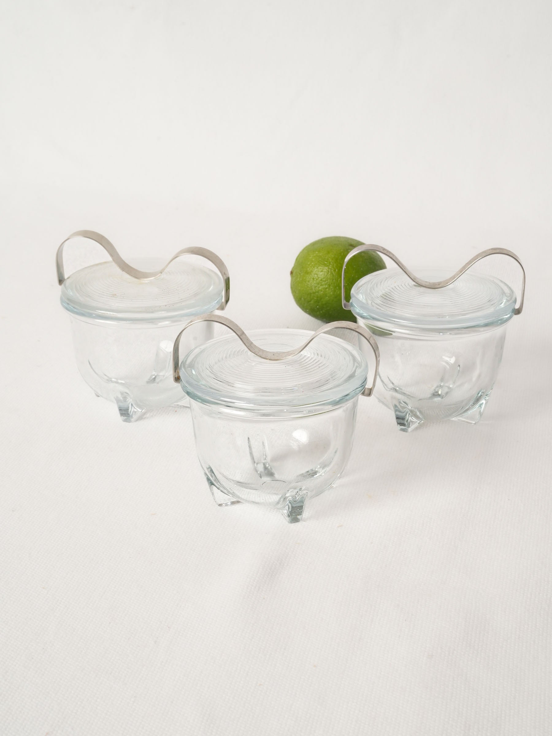 Set of Three French Glass Egg Coddlers with Metal Handles