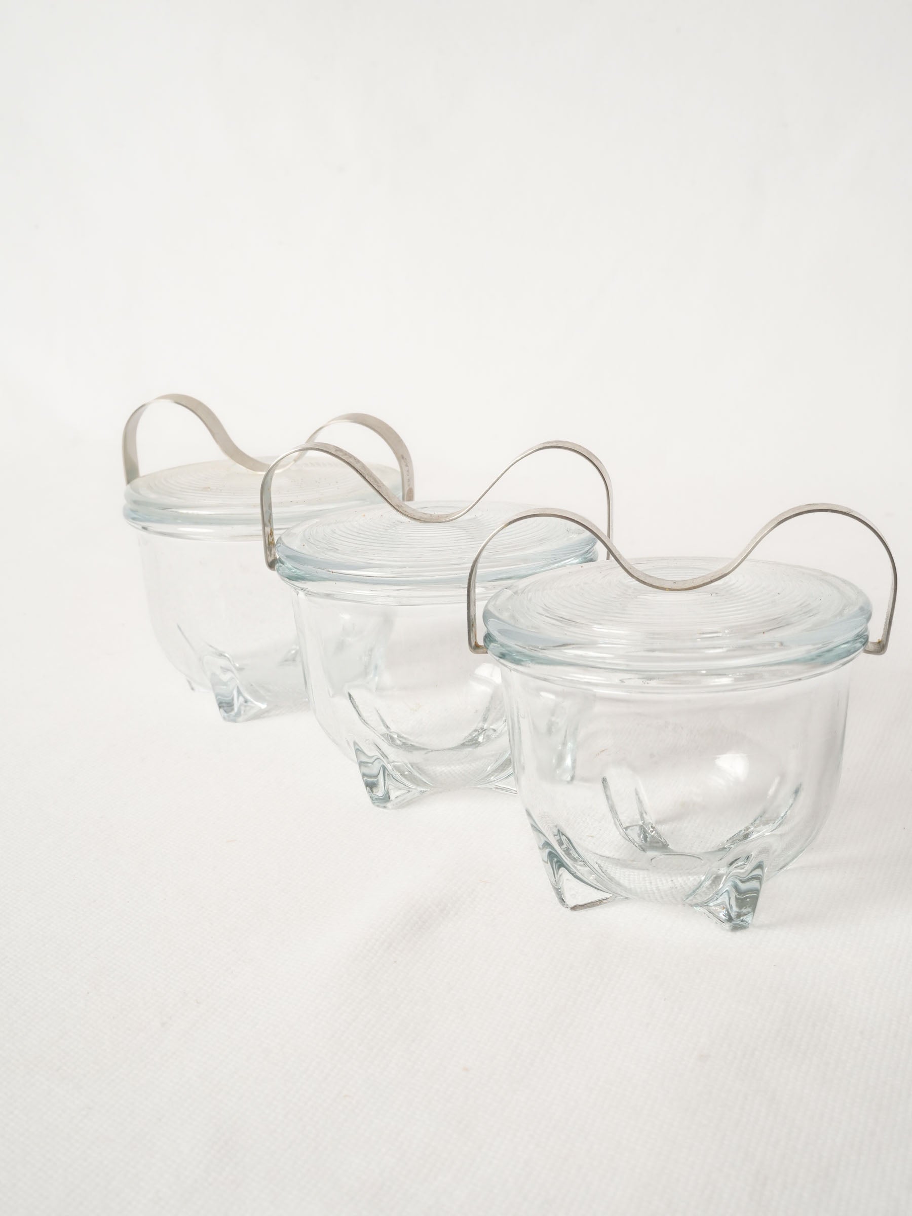 Set of Three French Glass Egg Coddlers with Metal Handles