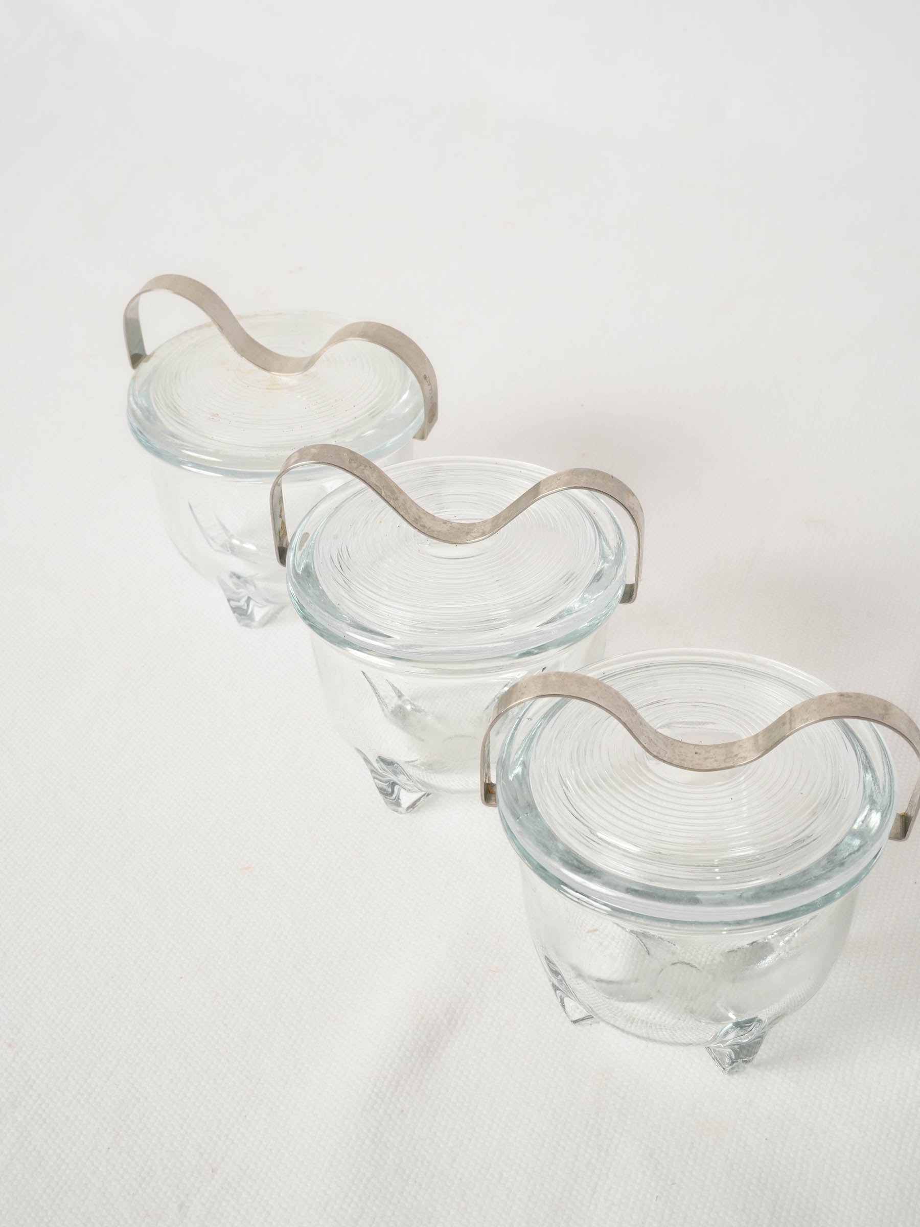 Set of Three French Glass Egg Coddlers with Metal Handles