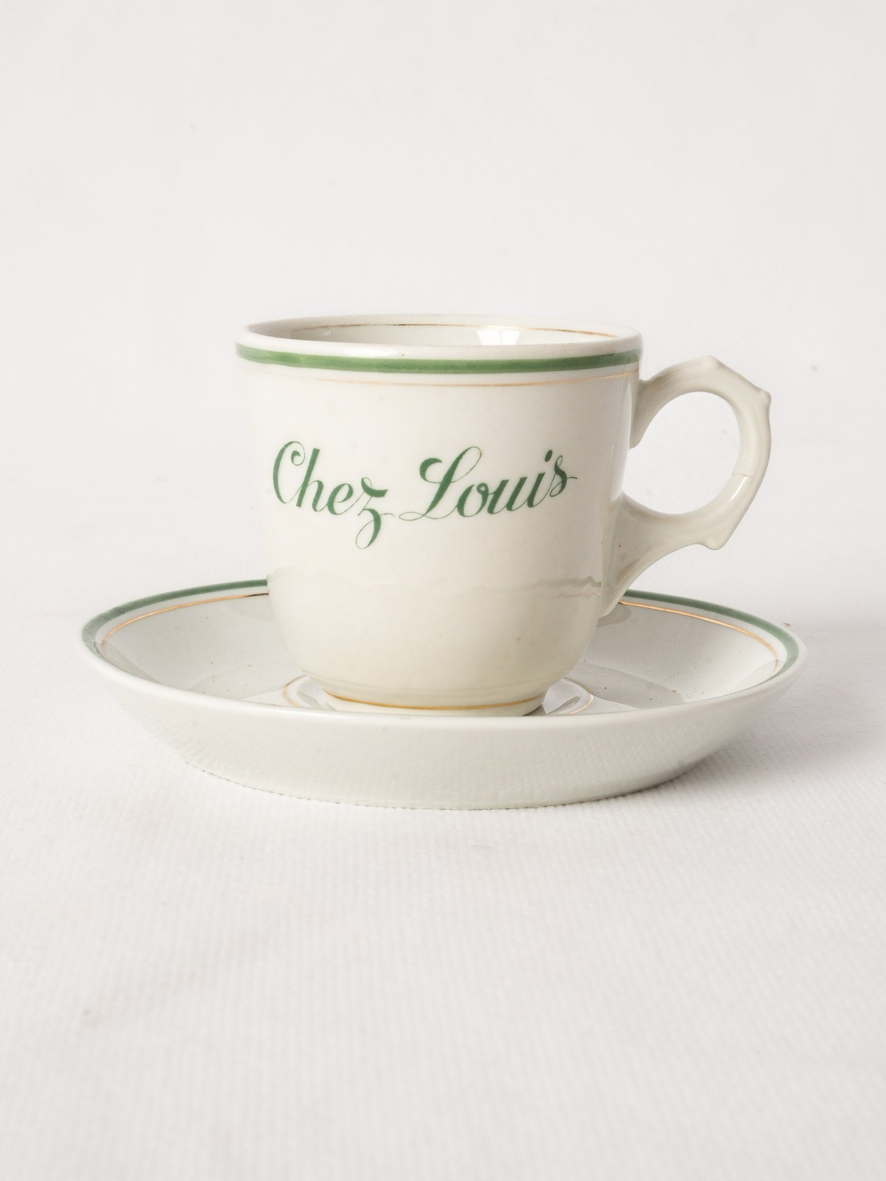 Antique French Ceramic Café Cup and Saucer With Green Stripe - Chez Louis