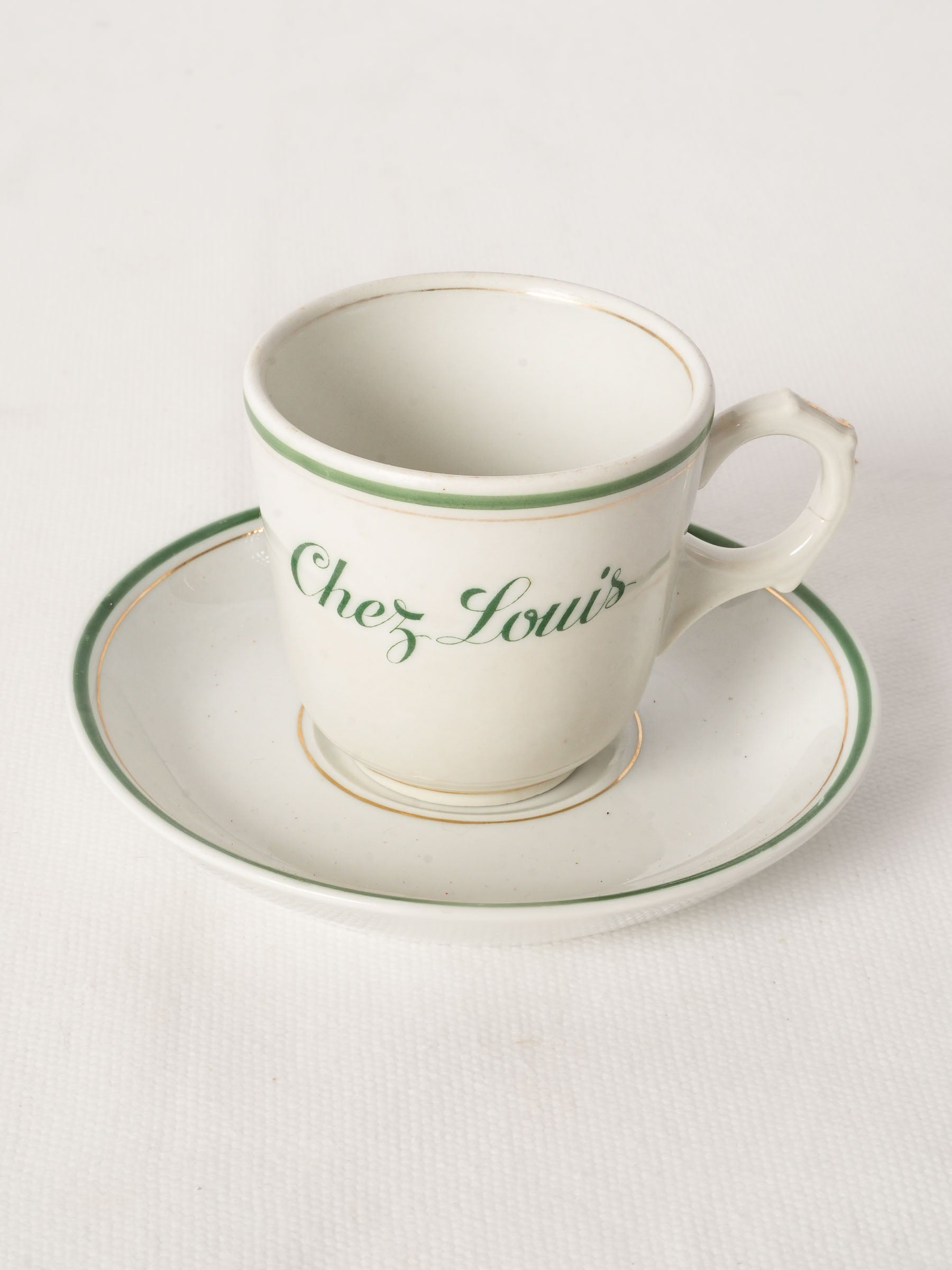 Antique French Ceramic Café Cup and Saucer With Green Stripe - Chez Louis