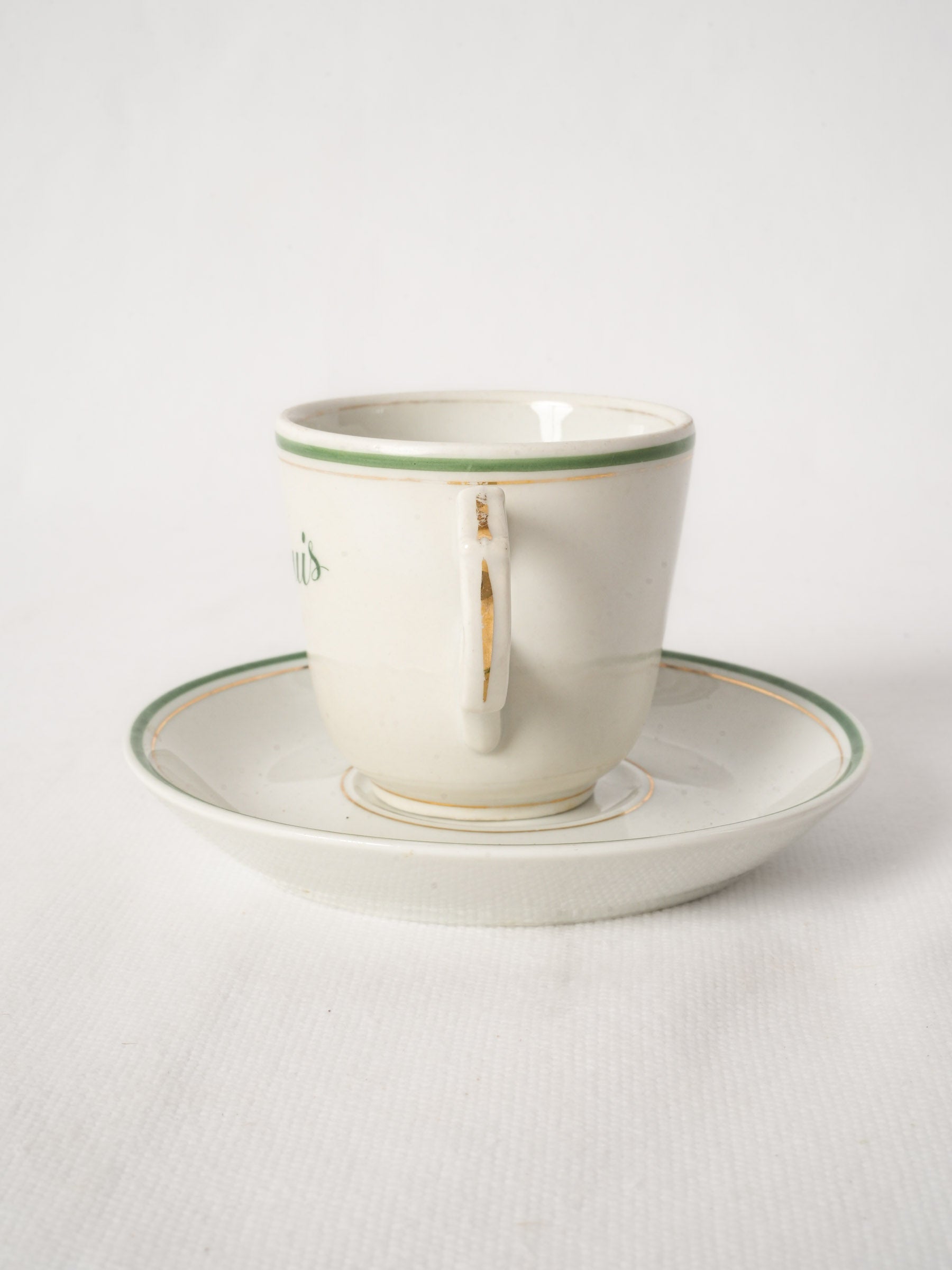 Antique French Ceramic Café Cup and Saucer With Green Stripe - Chez Louis