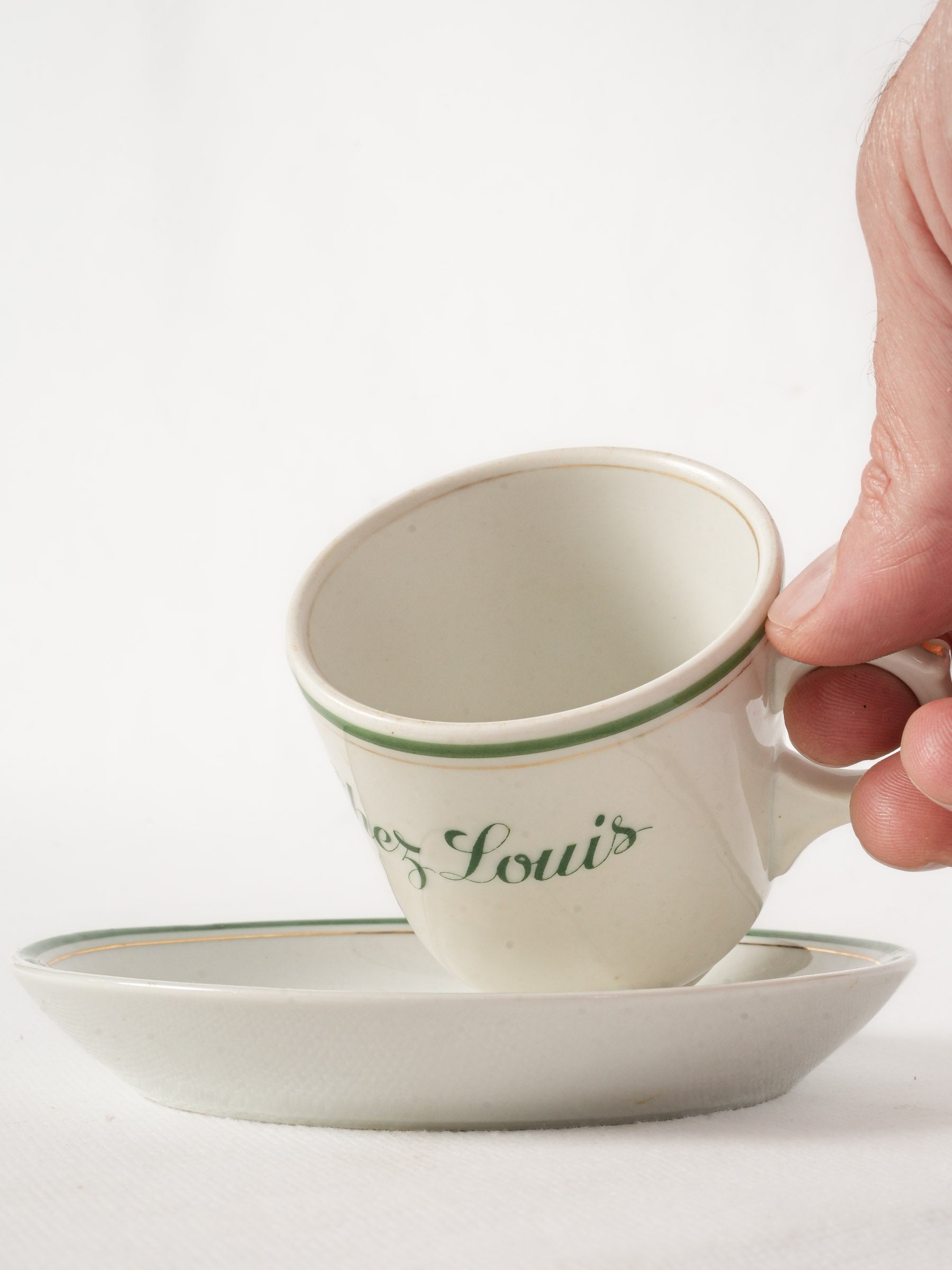 Antique French Ceramic Café Cup and Saucer With Green Stripe - Chez Louis