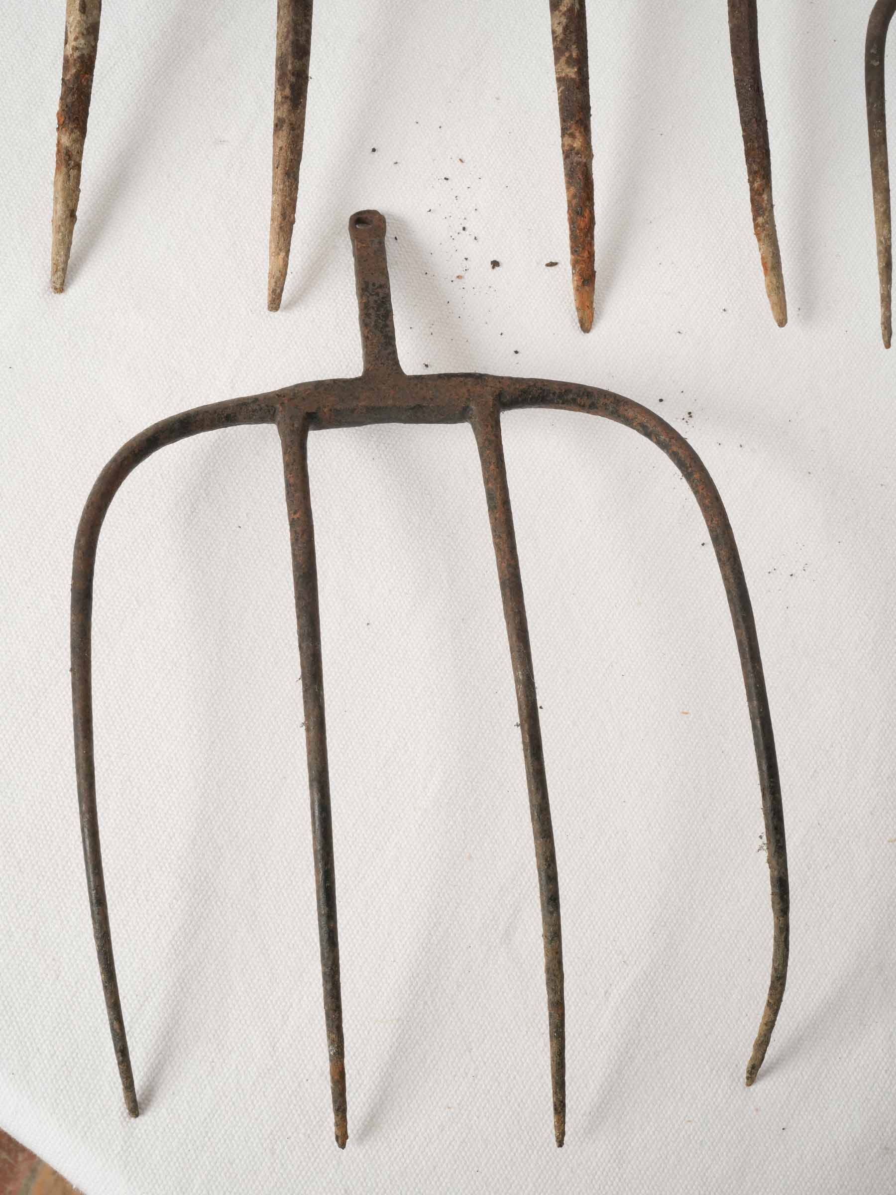 Set of Five Antique Wrought Iron Pitchfork Heads from France