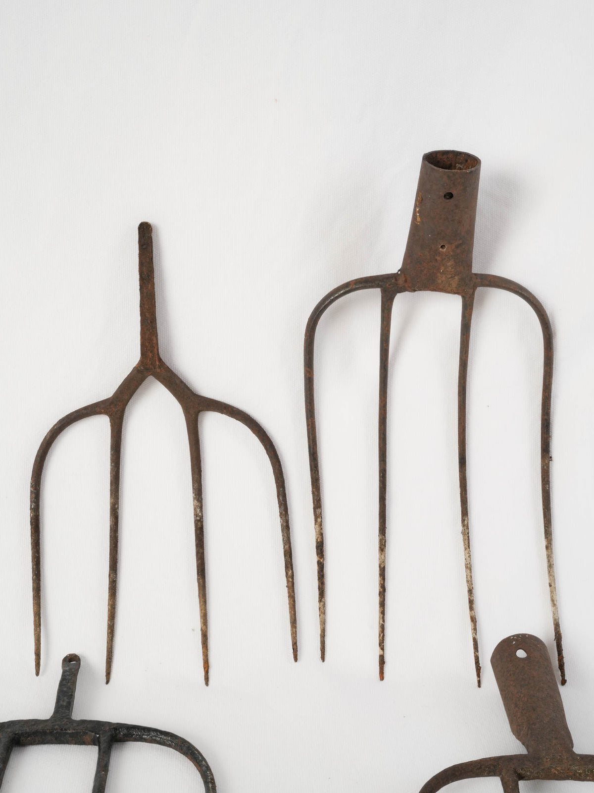 Set of Five Antique Wrought Iron Pitchfork Heads from France