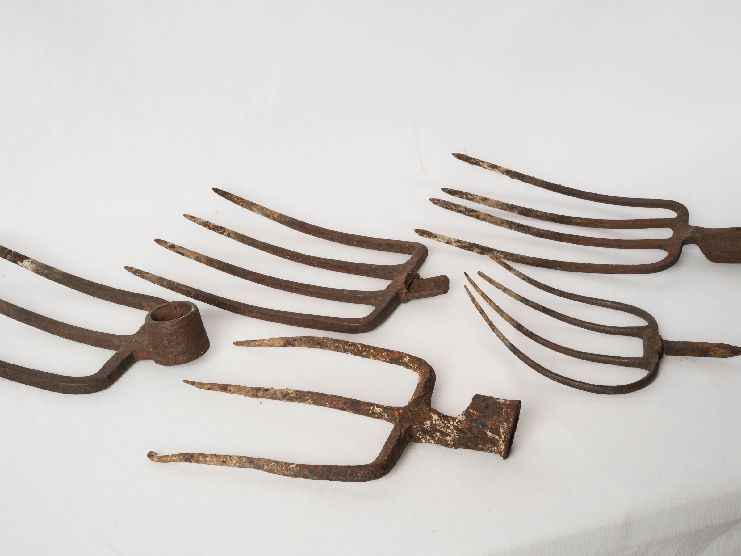 Set of Five Antique Wrought Iron Pitchfork Heads from France