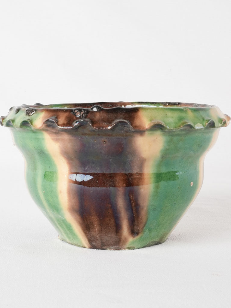 Small vintage flower pot w/ green brown & yellow 8¼