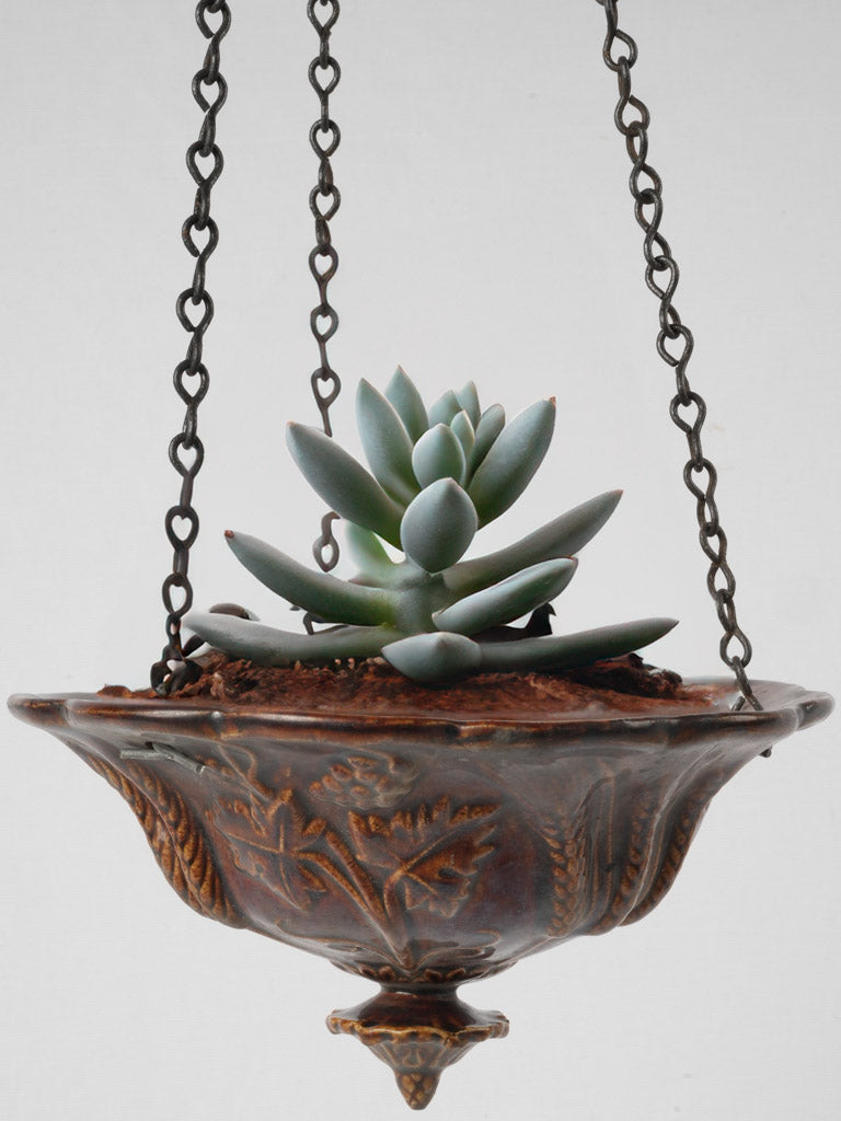 Antique French terracotta hanging flower pot - dark brown 5"