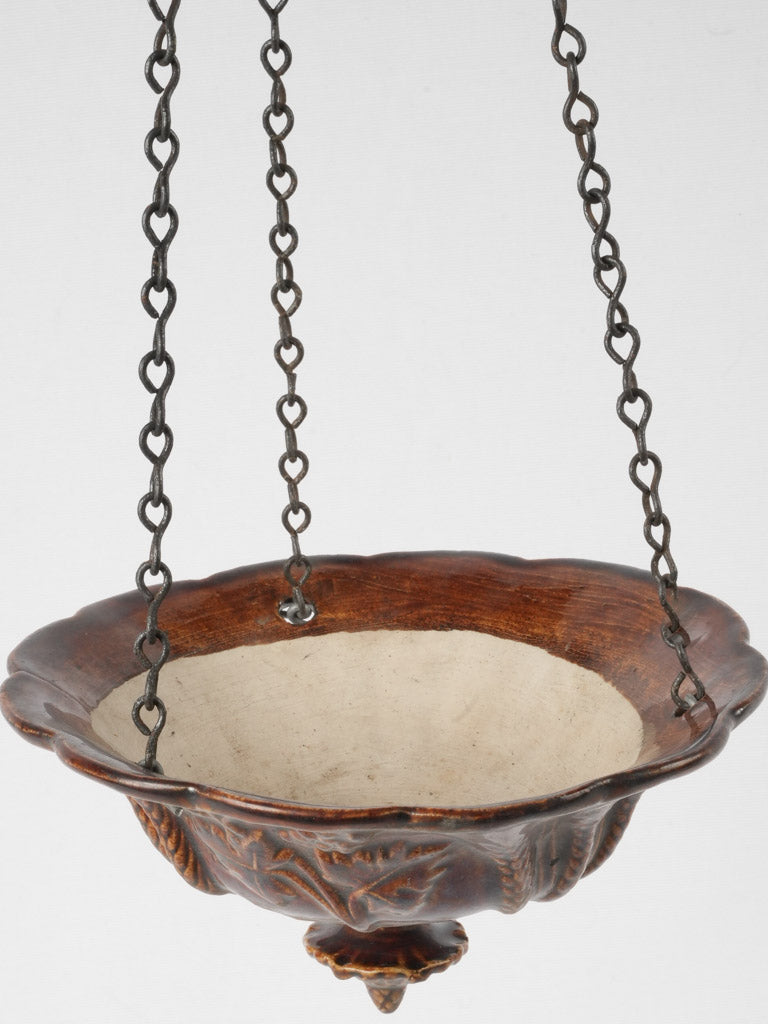 Antique French terracotta hanging flower pot - dark brown 5"