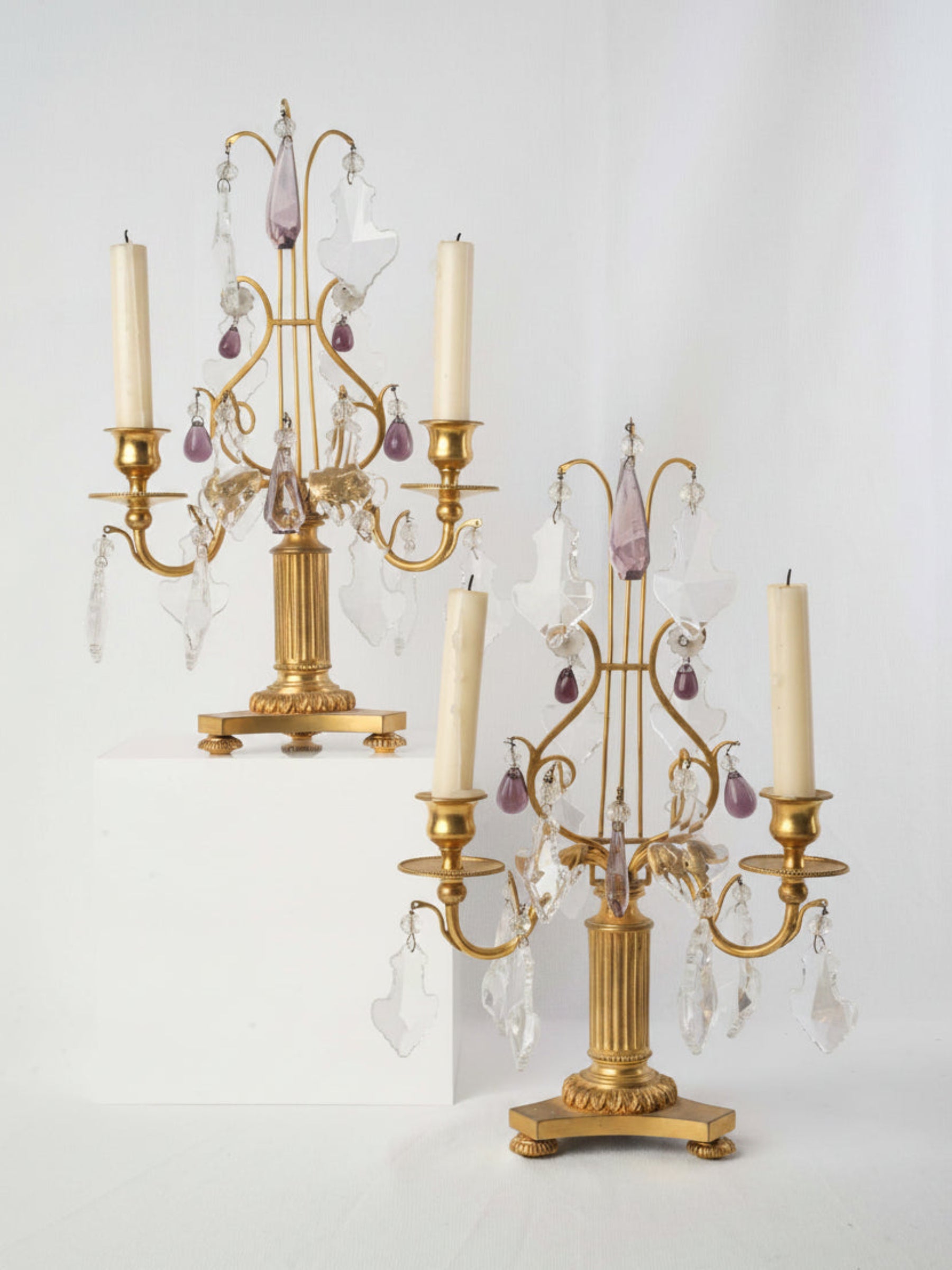 Pair Of Gilt Bronze And Crystal Lyre Candelabra Signed Linke Early 20th Century - 16¼" x 9"