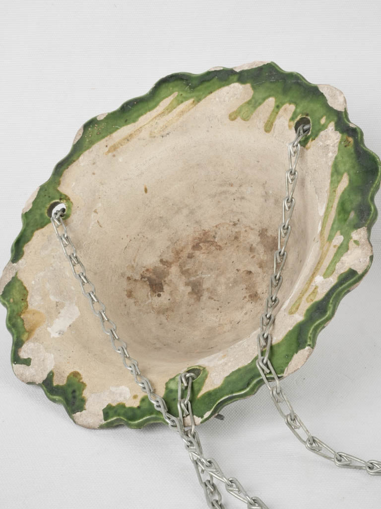Rustic antique French terracotta hanging flower pot - green 5"
