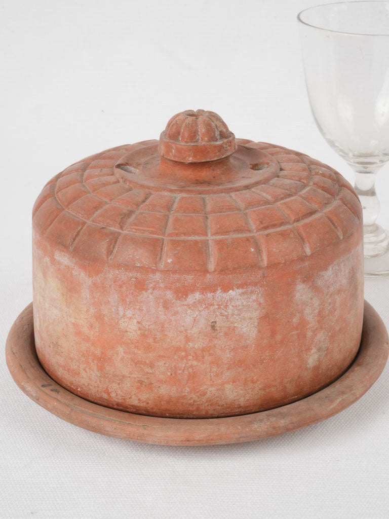 Antique French terracotta butter cloche w/art deco motifs 5½"