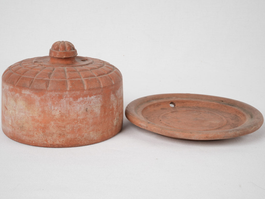 Antique French terracotta butter cloche w/art deco motifs 5½"