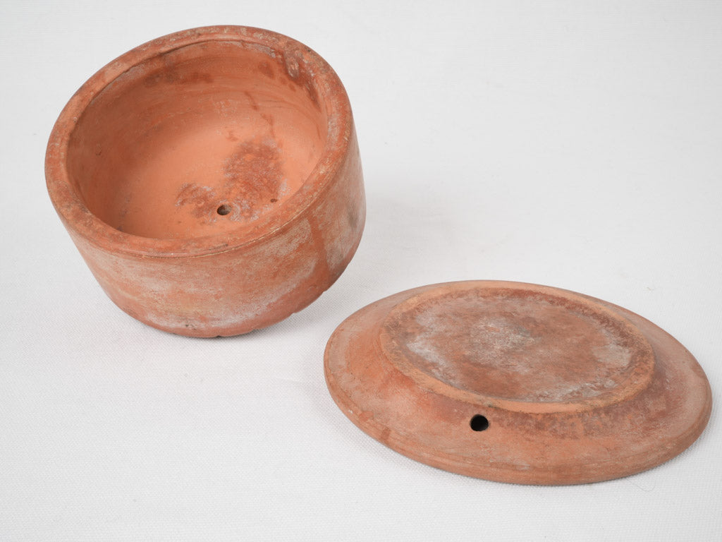 Antique French terracotta butter cloche w/art deco motifs 5½"