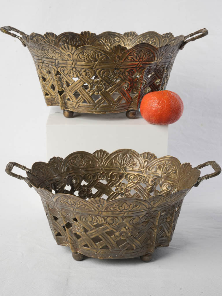 Ornate openwork brass basket set