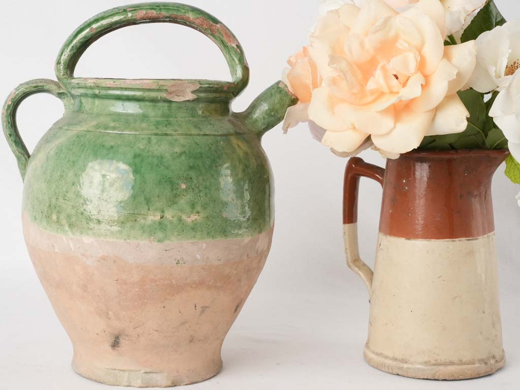Antique French water pitcher / cruche - medium 1/2 green glaze 13"