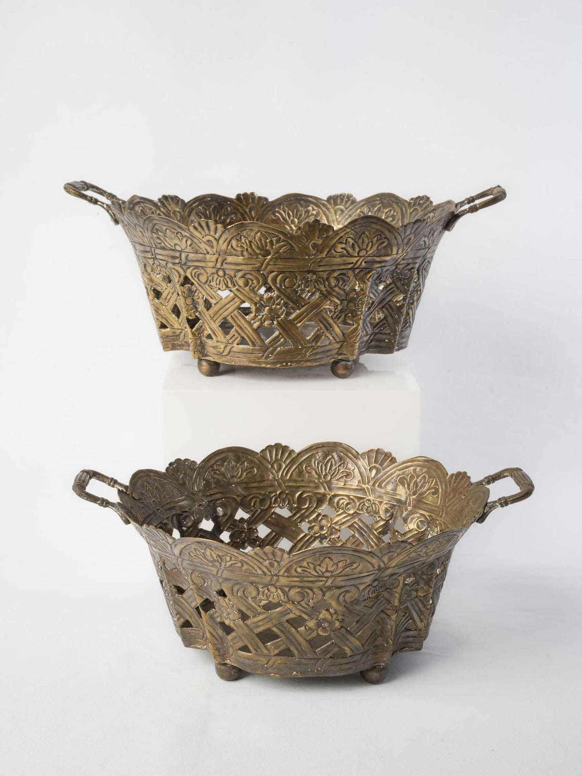 Set of Two Art Nouveau Openwork Brass Baskets c. 1900 - 14¼"
