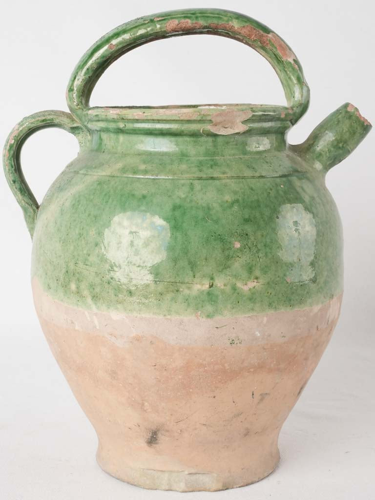Antique French water pitcher / cruche - medium 1/2 green glaze 13"
