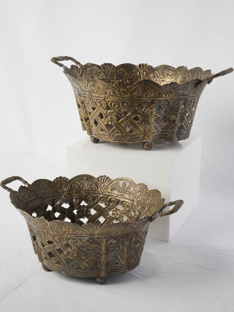 Handcrafted botanical motif brass cachepots