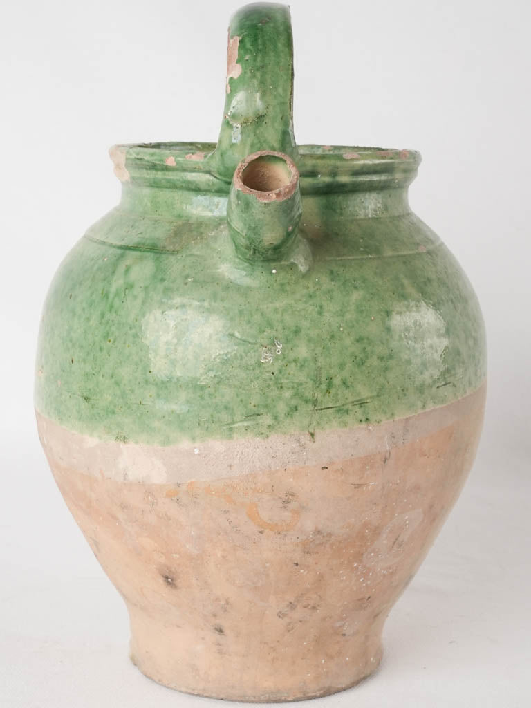 Antique French water pitcher / cruche - medium 1/2 green glaze 13"