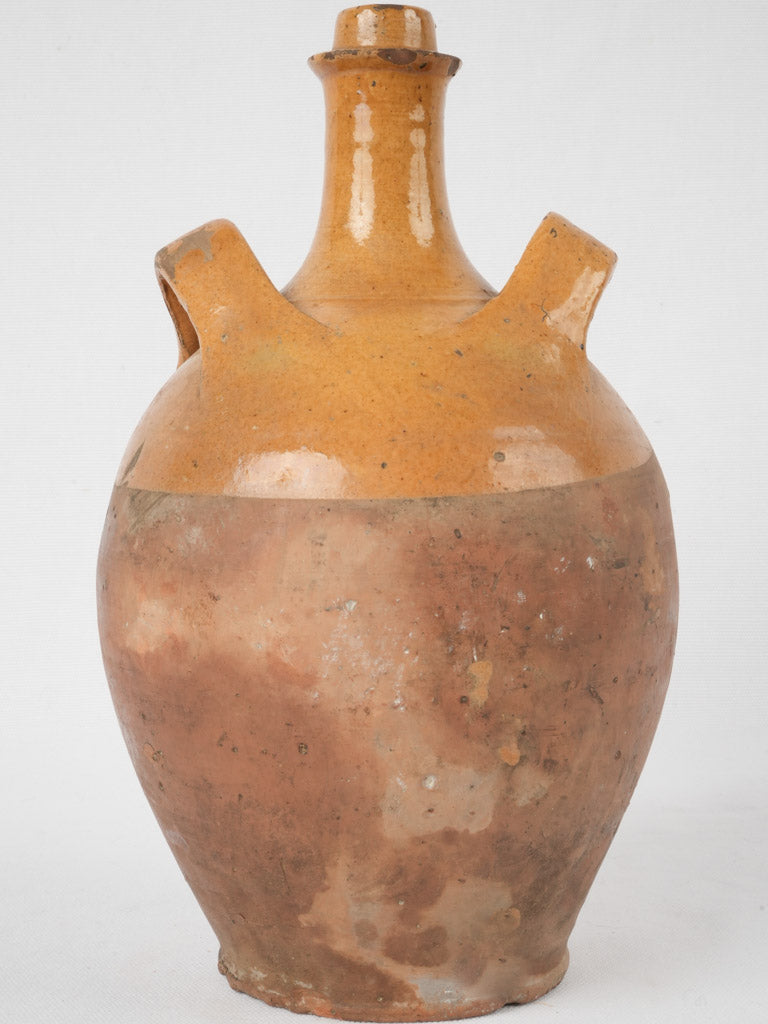 Antique French terracotta water bottle w/ ocher glaze 11½"